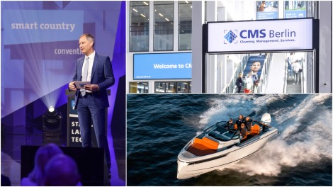Dreigeteiltes Bild: links Mario Tobias moderierend auf der SCCON, CMS-Banner über einer Rolltreppe und ein Boot auf dem Wasser 